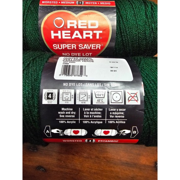 Red Heart Super Saver‎ Yarn Hunter Green Worsted medium Knitting Crochet 2 Pack - Picture 5 of 5